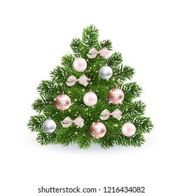 Christmas shining green tree with rose gold toys. Realistic illustration on white background. Shining spark and create the impression of magic. EPS10