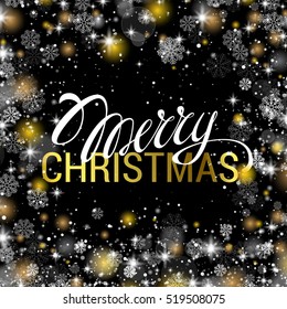 Christmas shining on black background with shiny gold and white snowflakes. It is snowing on the background of the creative gift card. Merry Christmas. Vector illustration.