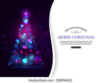 Christmas shining typographical background with xmas tree lights and place for text. Vector illustration.