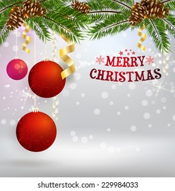 Christmas shiny background with ball decoration and ribbon