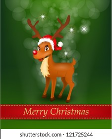 Christmas Shiny Background with Reindeer wearing Santa Claus Hat