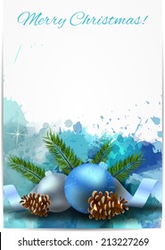 Christmas shiny blue splash background with decoration, blue baubles and fir-cones