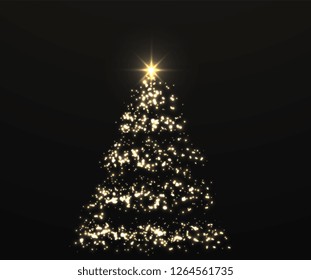 Christmas shiny golden tree with glowing lights on dark abstract background.