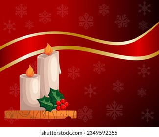 Christmas shiny red background with candles, holly, berries and ribbon on snowflake background. Print, poster, vector	
