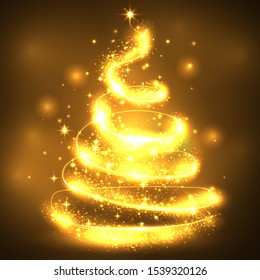 Christmas shiny tree background with blurred lights effect. Gold Christmas tree as symbol of Happy New Year, Merry Christmas holiday celebration. Golden light decoration. 