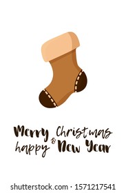Christmas shoe cookie background, card, X-mas template for poster, flyer, advertisement. Minimalist design in flat cartoon style. Seasonal greeting illustration on white background