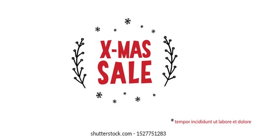 Christmas shop banner with simple laurel and snowflakes. Winter holiday celebration blog header, December design with happy X-mas greeting. Social media cover festive vector stock image. 