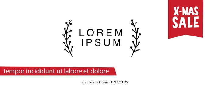 Christmas shop header with red flag and simple laurel. Winter holiday celebration blog banner, December header with happy x-mas greeting. Social media cover festive vector stock image. 