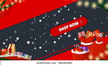 Christmas Shop Now. Many Different New Year Gifts on The Festive Background. Merry Christmas and Happy New Year. Colored. Winter Holidays Set Realistic gifts. Vector Illustration