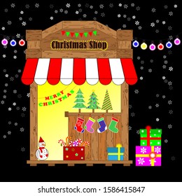 Christmas shop in the old style, with colorful gift boxes, Christmas trees, sweets, decorations, a snowman, socks and the inscription Merry Christmas at night.
