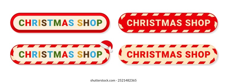 Conjunto de iconos de Botón rojo de la tienda de Navidades para la tienda en línea. Hacer clic de Año Nuevo o Navidad comprar colección de símbolos. Ilustración vectorial aislada sobre fondo blanco