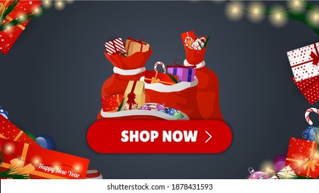 Christmas Shop. Special offer. Gift bags. Many Different New Year Gifts on The Festive Background. Merry Christmas and Happy New Year. Colored. Winter Holidays Set Realistic gifts. Vector Illustration