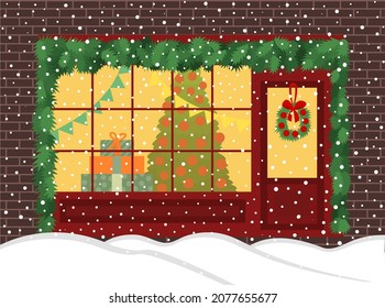 Christmas shop vector illustration. Winter Christmas shop window on street with pine and snow. Cute decor wreath on door. Flat illustration.