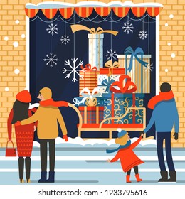 
Christmas shop window with gifts. Vector illustration of winter city. People in front of the shop window. Banner for Christmas and New Year.