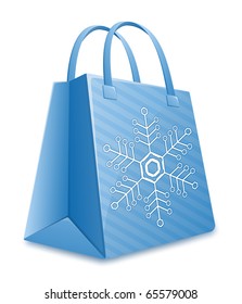 Christmas shopping bag. Blue striped shopping bag with snowflake. Christmas Sale