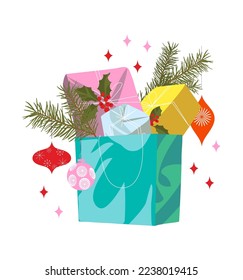 Christmas shopping bag with gifts, presents, pine branch and balls. Merry Christmas and Happy New Year decoration, Poster, Flyer, Banner template. Vector illustration on white background