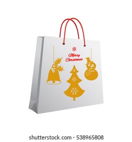 Christmas shopping bag with a printed pattern of gold Christmas tree and pendants: bell with holly and a snowman in hat and scarf. Red greeting sign from above. Vector illustration.