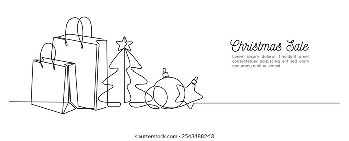 Christmas shopping bags in one continuous line drawing. Festive Black Friday sale with paper package in simple linear style. Editable stroke. Doodle outline vector illustration