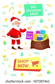 Christmas shopping banner with button shop now. Sale poster with flat funny man character holding Xmas gift on Christmas background. Discount placard template. Santa Claus cartoon vector illustration.