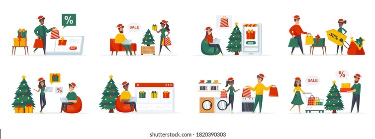 Compra navideña de escenas con personajes llanos. Feliz pareja con bolsos, compras navideñas, situaciones de descuentos en la temporada invernal. Dibujo vectorial de la celebración de Navidad.