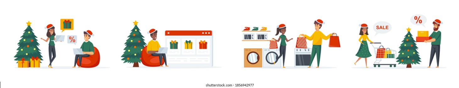 Christmas shopping bundle of scenes with flat people characters. Happy couple with bags, Christmas holidays shopping, winter season discounts situations. Xmas celebration cartoon vector illustration.