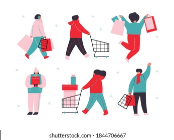 Christmas shopping. Cartoon flat happy people running after shopping. Hand drawn vector abstract people walking in winter clothing and surprise gift boxes isolated on white background.