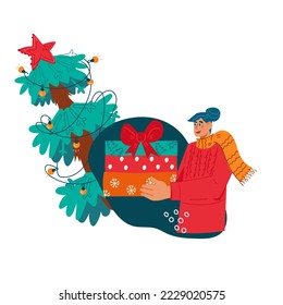 Christmas shopping and celebration banner with happy woman carrying gift boxes. Woman with presents for Christmas fair or market, party invitation or greeting card, flat vector isolated.