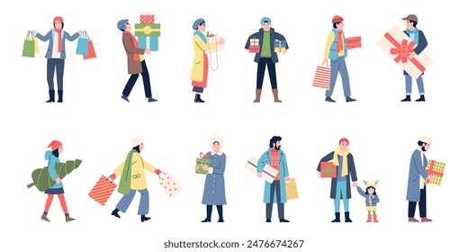 Christmas shopping characters. People hold gift boxes and bags, holiday time. New year sale and discount. Flat happy men women recent vector set