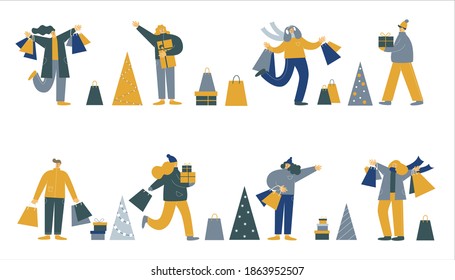 Christmas shopping concept. Happy people dressed in winter clothes with gifts and shopping bags isolated on white background. Winter sales. Vector illustration.