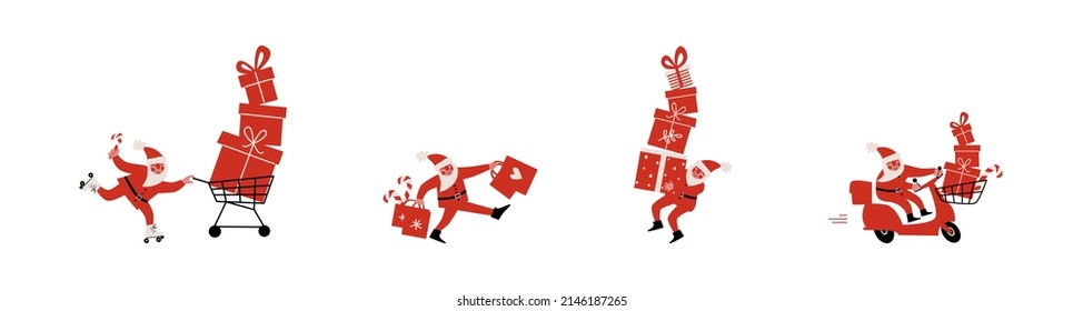 concepto de compras navideñas. Feliz Papá Noel cargando bolsas de compras y cajas de regalo. Vector de cliparte de carácter Santa 