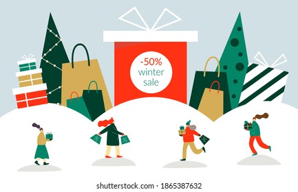 Christmas shopping concept illustration. 50 procent winer sale. Women running after shopping with gifts and bags. Vector illustration.