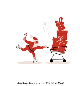 Christmas shopping concept. Vector illustration of Santa Claus on roller skates rolling shopping cart full of gift boxes.