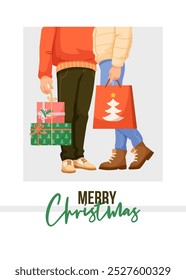 Christmas shopping couple with gifts and festive bags. Vector illustration