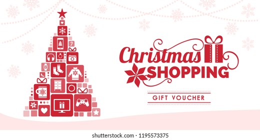 Christmas shopping discount voucher with Christmas tree composed of beautiful gifts