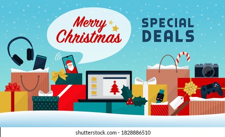 Christmas Shopping Electronics Sale: Lots Of Gifts Boxes And Shopping Bags With Electronic Devices And Gadgets