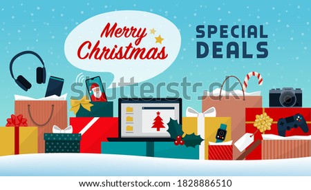 Christmas shopping electronics sale: lots of gifts boxes and shopping bags with electronic devices and gadgets