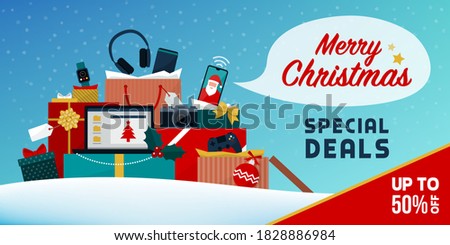 Christmas shopping electronics sale: lots of gifts boxes and shopping bags with electronic devices and gadgets