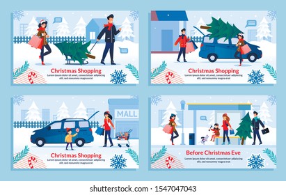 Christmas Shopping and Family Preparation for Winter Holidays. Happy Parents and Cheerful Children Buying Gifts and Xmas Fir Tree at Shop Mall. Flat Banner Set. Vector Cartoon Illustration