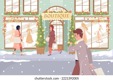 Christmas shopping flat color vector illustration. Xmas holiday. Winter season. Fully editable 2D simple cartoon characters with festive New Year atmosphere on background. Tapestry Regular font used