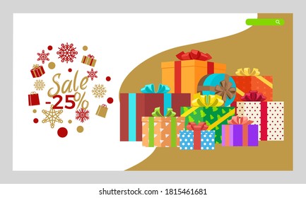 Christmas shopping and gifts stack website landing page template vector. Buying presents on Xmas sale, winter holiday clearance or discount web banner. Winter off or price reduction illustration
