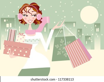 Christmas Shopping Girl- City in Winter Background