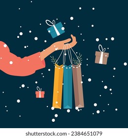 Christmas shopping. A girl, a woman holds packages and gifts in her hands. Big Christmas sales. Vector illustration of flat design style. Discounts for holidays. Buyer with a lot of packages.