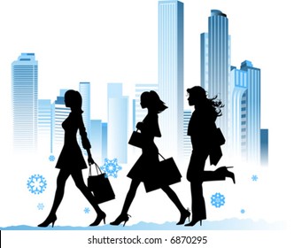 Christmas shopping girls. Urban background. Vector illustration.