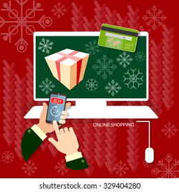 Christmas shopping hands using smart phone online shopping christmas sale internet web market vector concept  