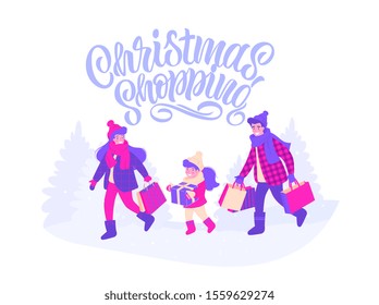 Christmas shopping. Happy family. Dad, mom, baby doing  Vector illustration. Flat design.