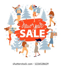 Christmas shopping. Christmas and Happy New Year sales poster. Happy people with Christmas gifts and fir-tree. Vector illustration.