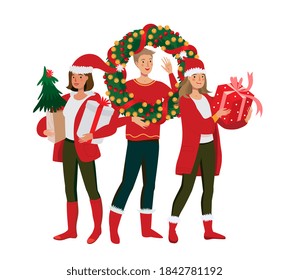 Christmas shopping, happy smiling people with gifts, purchases, goods, pine tree and wreath in Holiday New Year style. Vector illustration good for shopping banner, sale, Christmas market fair. 