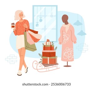 Christmas Shopping. Happy woman blonde shopper with takeaway coffee and packages in store. Interior with holiday window, Female mannequins in dress and sleigh with New Year gifts. Vector illustration 