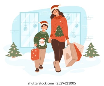 Christmas Shopping. Happy woman with son boy in Xmas sweaters in Santa hats with New year packages gifts walking along snowy street near store window. Vector illustration. Holiday shoppers, lifestyle