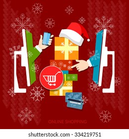 Christmas shopping holiday sale discount santa hat online store internet shopping vector concept   